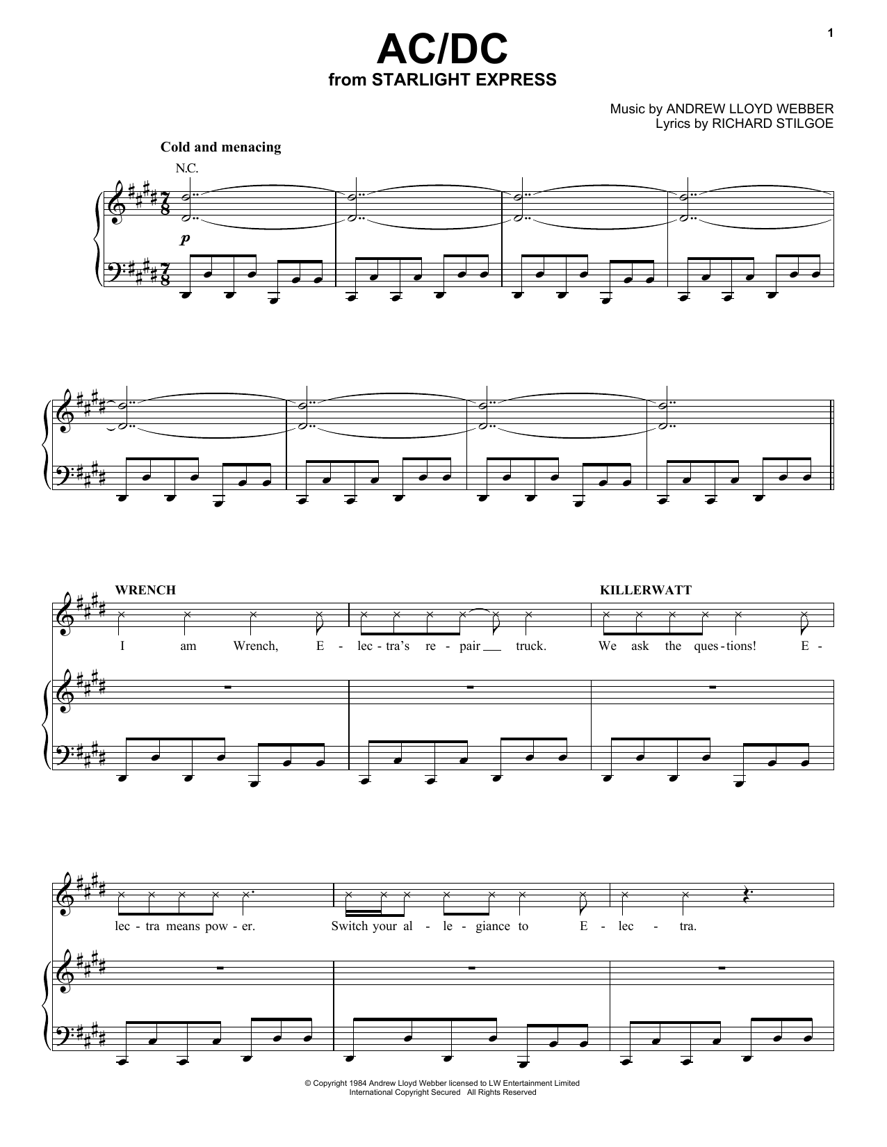 Andrew Lloyd Webber AC/DC (from Starlight Express) Sheet Music Notes & Chords for Piano, Vocal & Guitar Chords (Right-Hand Melody) - Download or Print PDF