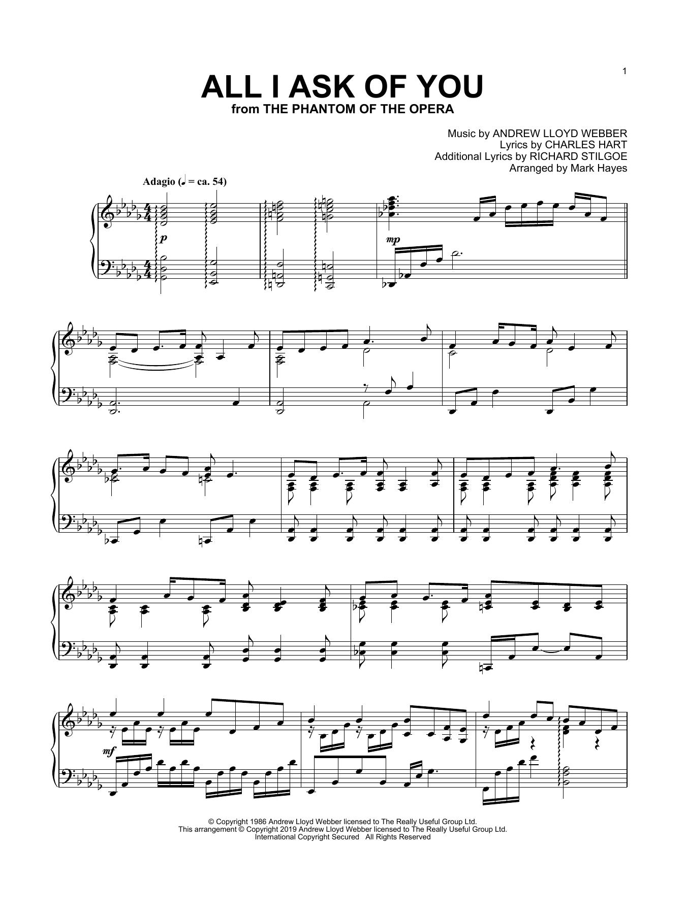 Andrew Lloyd Webber All I Ask Of You (from The Phantom Of The Opera) (arr. Mark Hayes) Sheet Music Notes & Chords for Piano Solo - Download or Print PDF