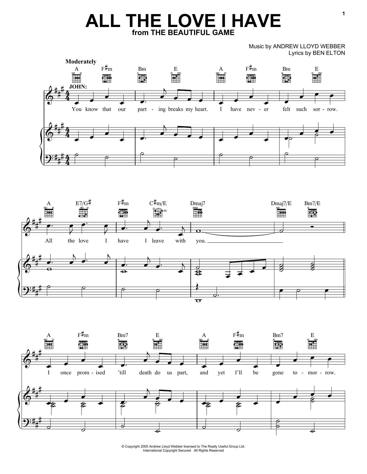 Andrew Lloyd Webber All The Love I Have Sheet Music Notes & Chords for Piano, Vocal & Guitar (Right-Hand Melody) - Download or Print PDF