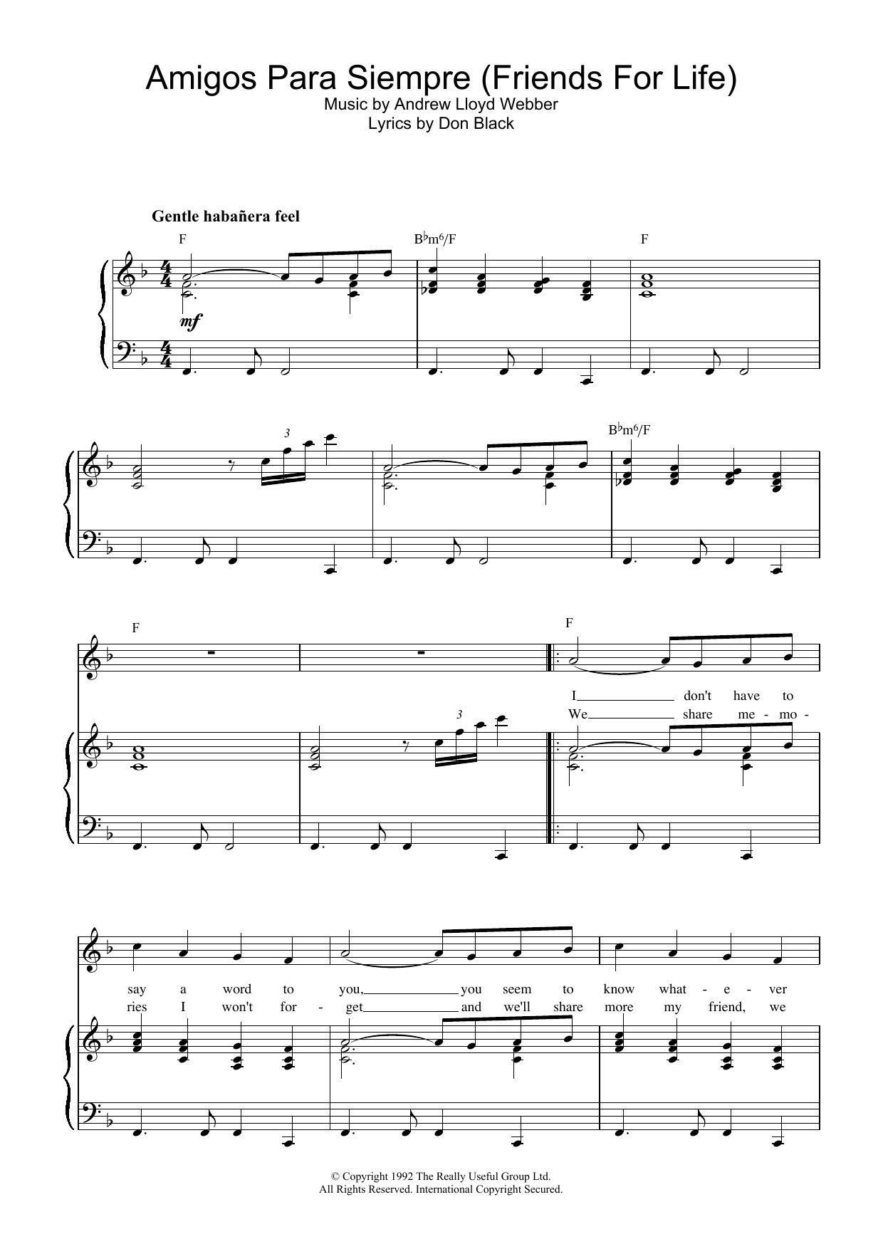 Andrew Lloyd Webber Amigos Para Siempre (Friends For Life) Sheet Music Notes & Chords for Easy Piano - Download or Print PDF