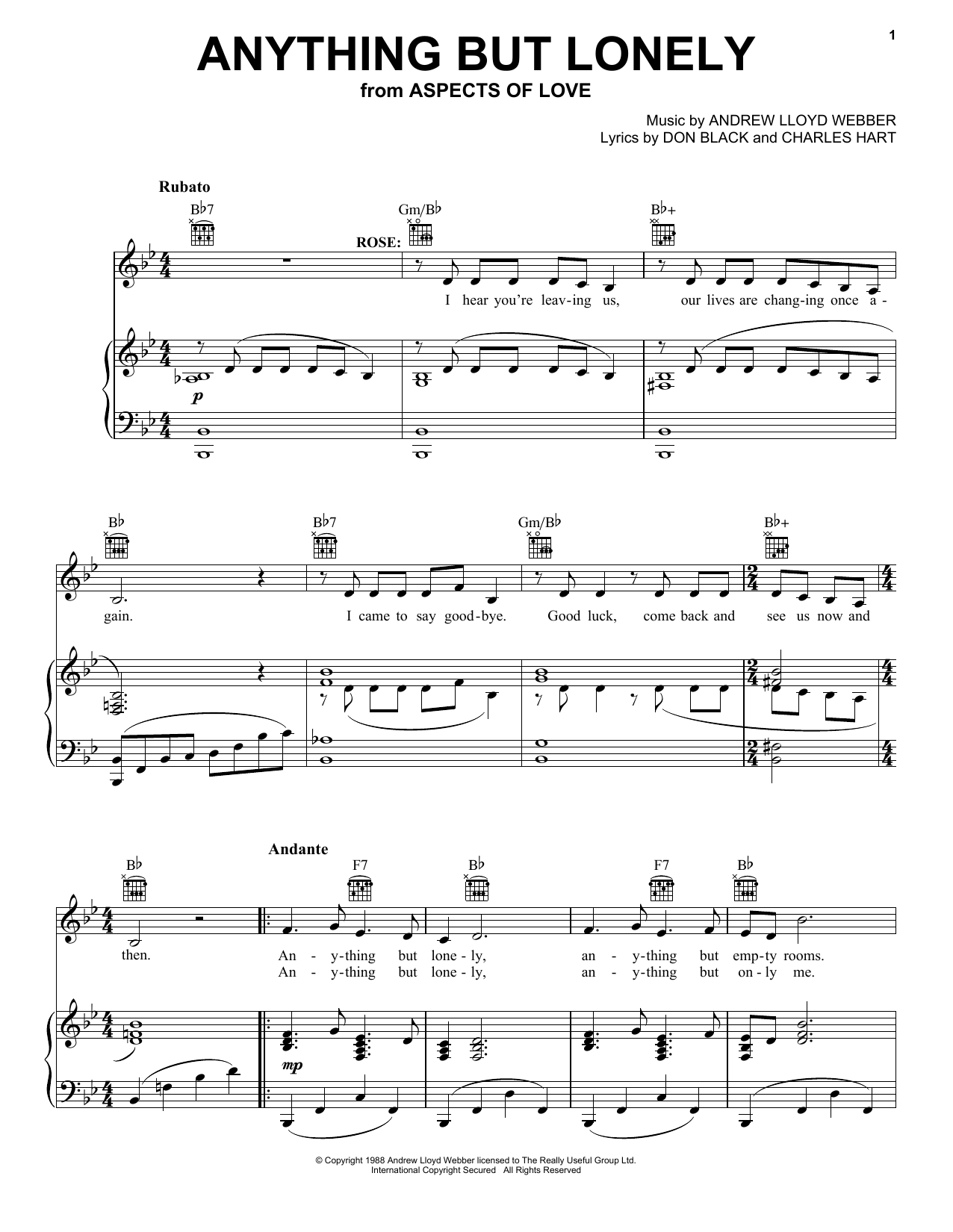 Andrew Lloyd Webber Anything But Lonely Sheet Music Notes & Chords for Piano, Vocal & Guitar (Right-Hand Melody) - Download or Print PDF