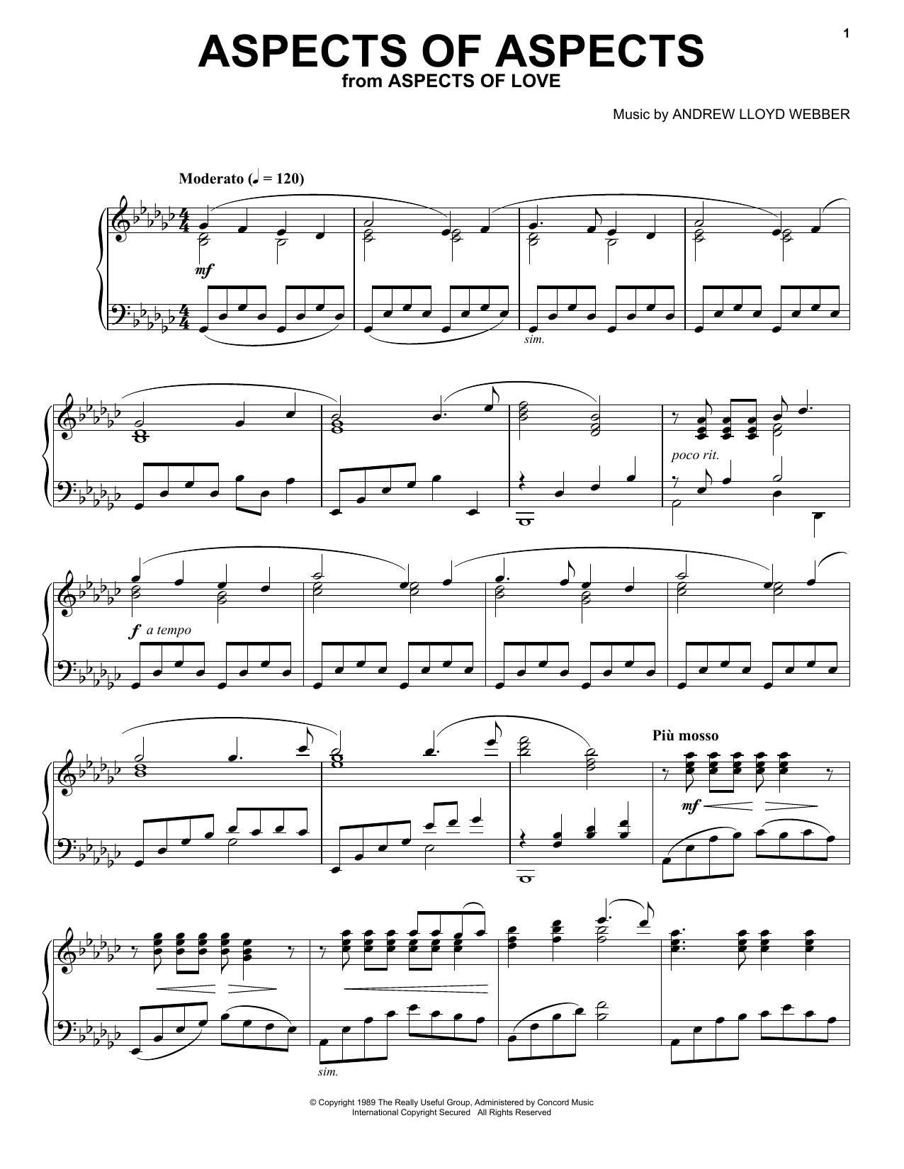 Andrew Lloyd Webber Aspects Of Aspects Sheet Music Notes & Chords for Piano Solo - Download or Print PDF