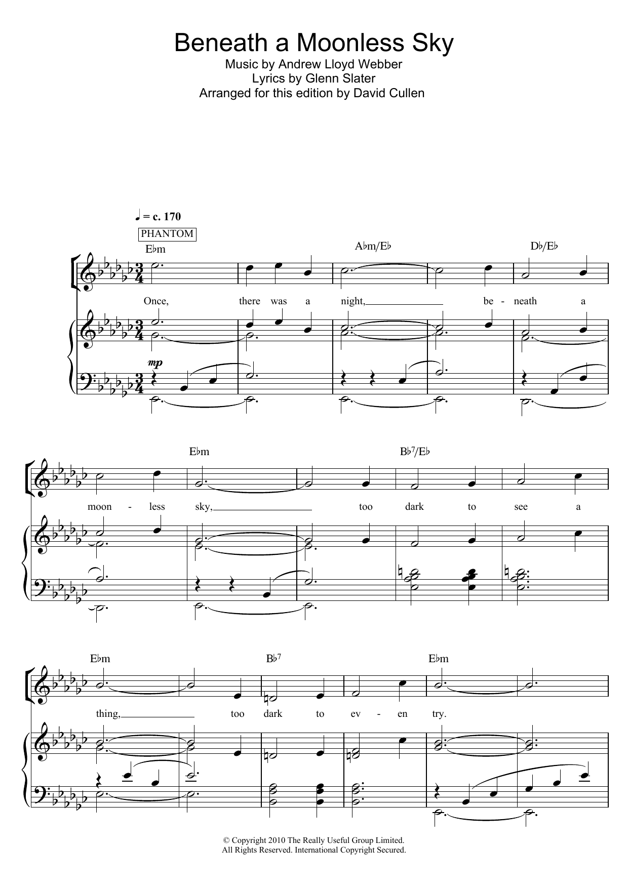 Andrew Lloyd Webber Beneath A Moonless Sky (from Love Never Dies) Sheet Music Notes & Chords for Piano, Vocal & Guitar (Right-Hand Melody) - Download or Print PDF