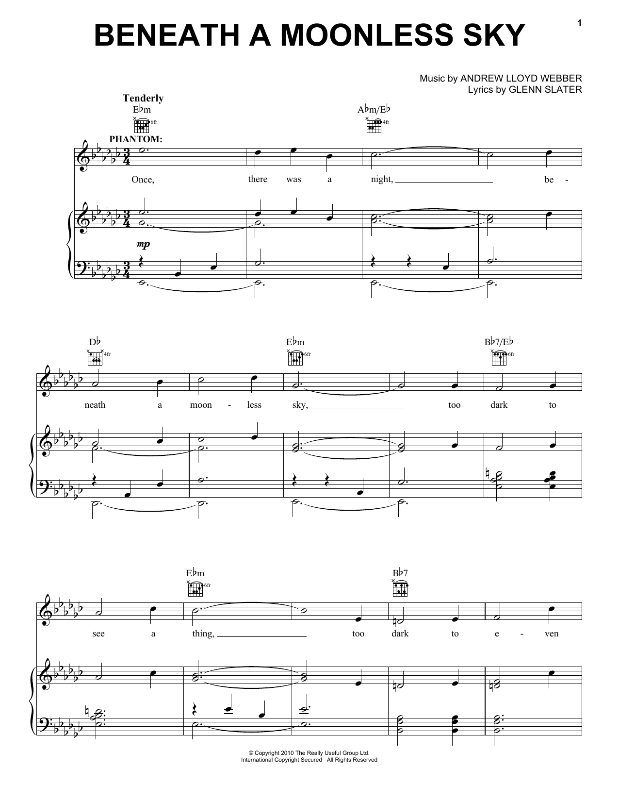 Andrew Lloyd Webber Beneath A Moonless Sky Sheet Music Notes & Chords for Piano, Vocal & Guitar (Right-Hand Melody) - Download or Print PDF