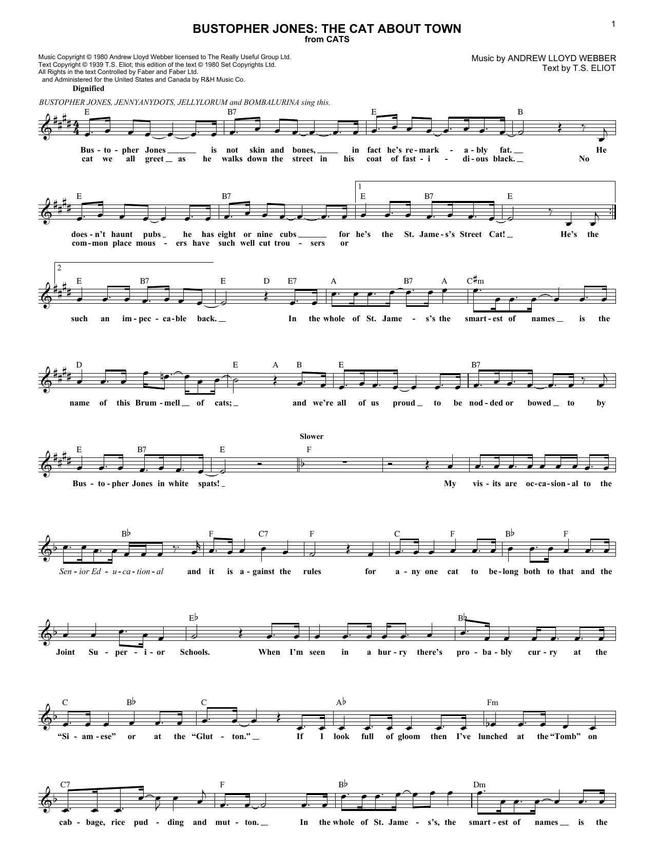 Andrew Lloyd Webber Bustopher Jones: The Cat About Town (from Cats) Sheet Music Notes & Chords for Melody Line, Lyrics & Chords - Download or Print PDF