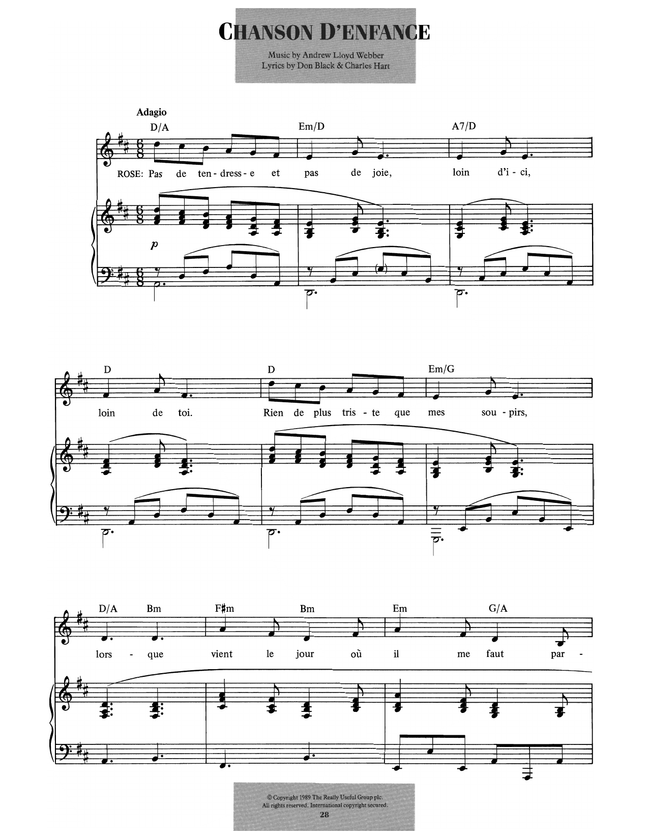 Andrew Lloyd Webber Chanson D'enfance (from Aspects Of Love) Sheet Music Notes & Chords for Piano & Vocal - Download or Print PDF