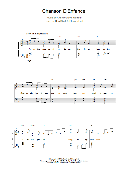 Andrew Lloyd Webber Chanson D'Enfance Sheet Music Notes & Chords for Piano - Download or Print PDF