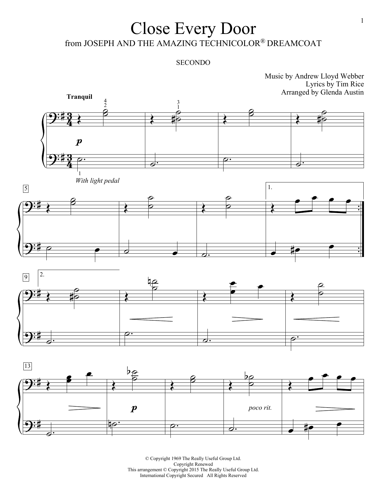 Andrew Lloyd Webber Close Every Door (arr. Glenda Austin) Sheet Music Notes & Chords for Piano Duet - Download or Print PDF