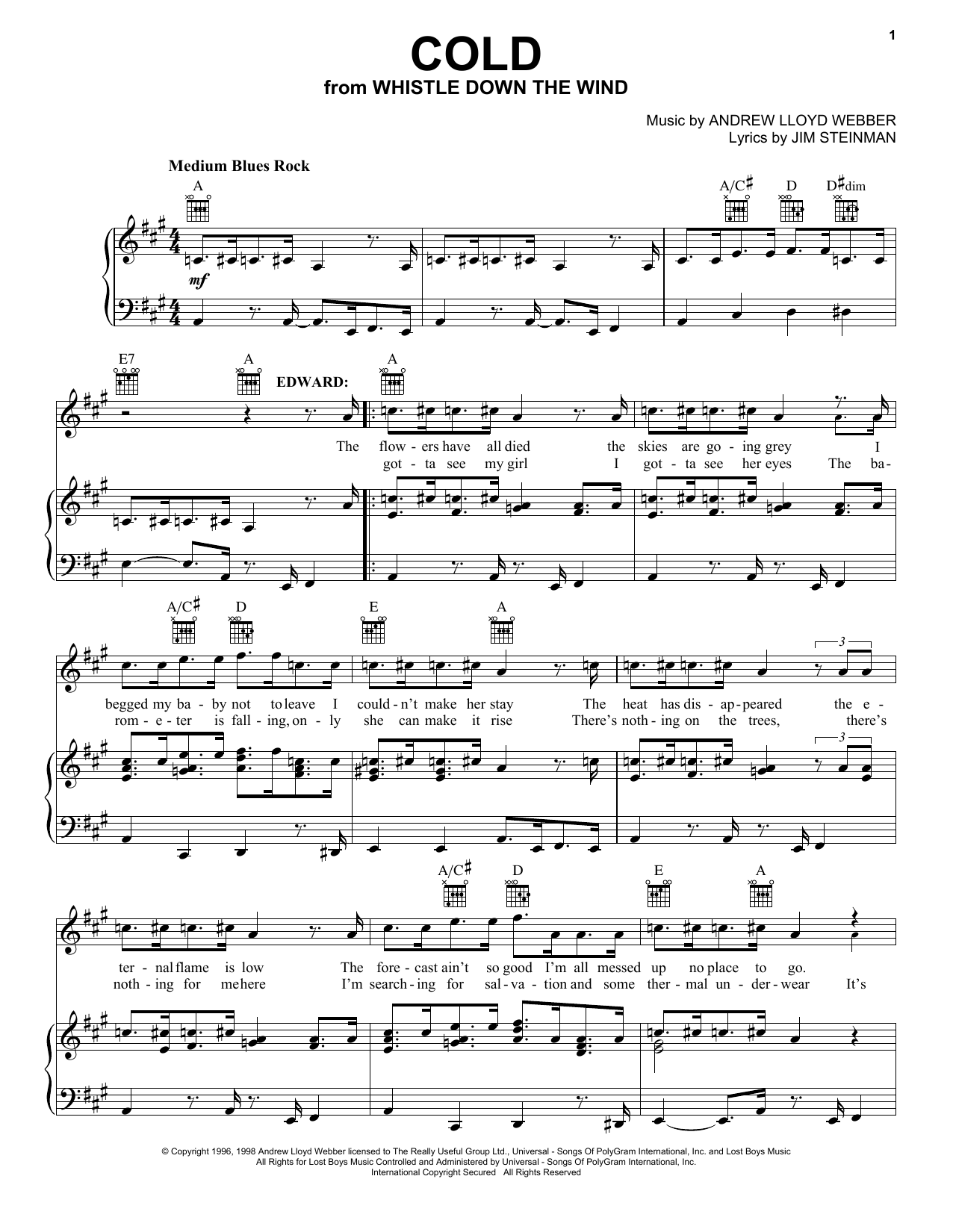 Andrew Lloyd Webber Cold Sheet Music Notes & Chords for Easy Piano - Download or Print PDF