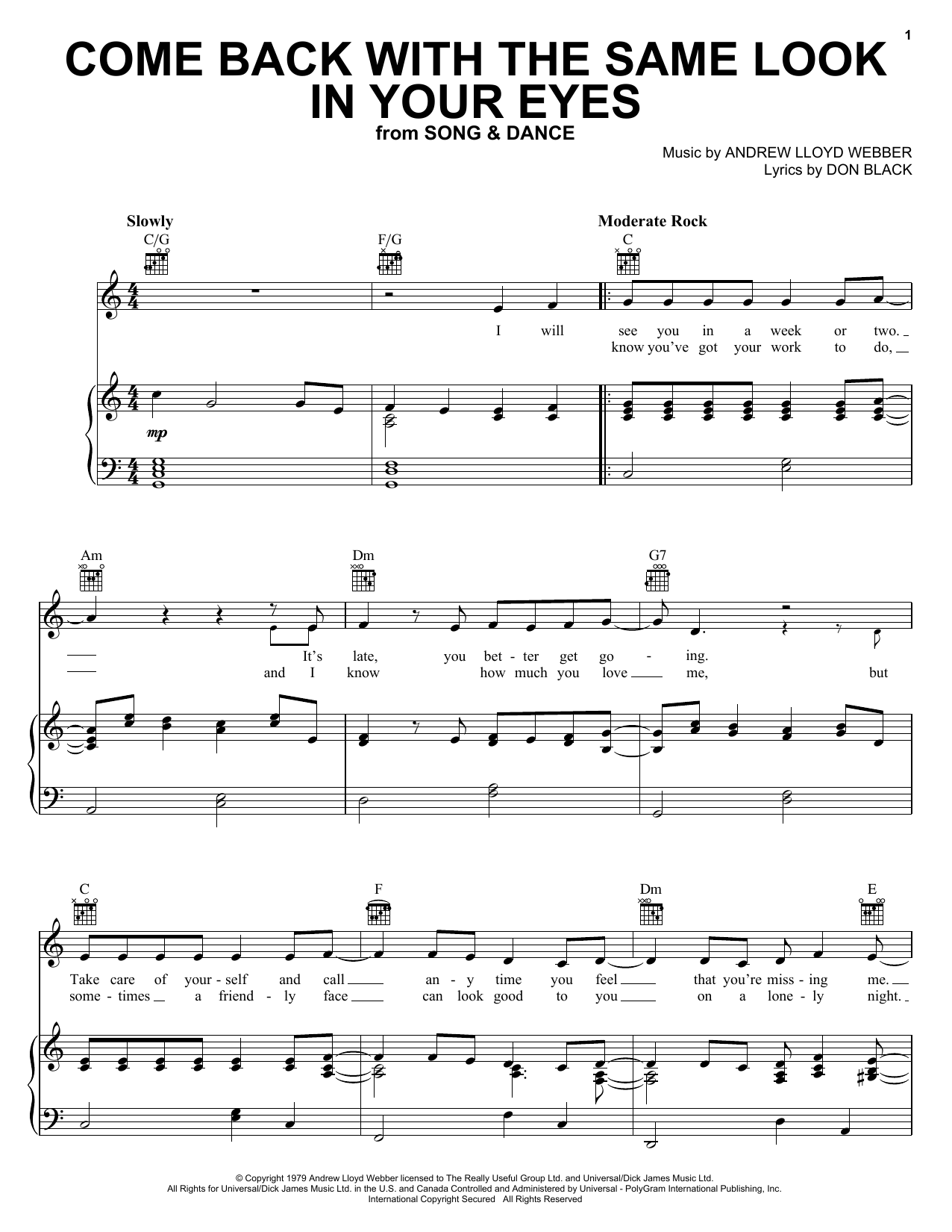 Andrew Lloyd Webber Come Back With The Same Look In Your Eyes Sheet Music Notes & Chords for Melody Line, Lyrics & Chords - Download or Print PDF