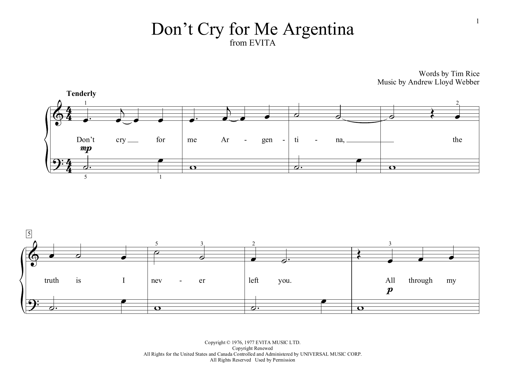 Andrew Lloyd Webber Don't Cry For Me Argentina (from Evita) (arr. Christopher Hussey) Sheet Music Notes & Chords for Educational Piano - Download or Print PDF