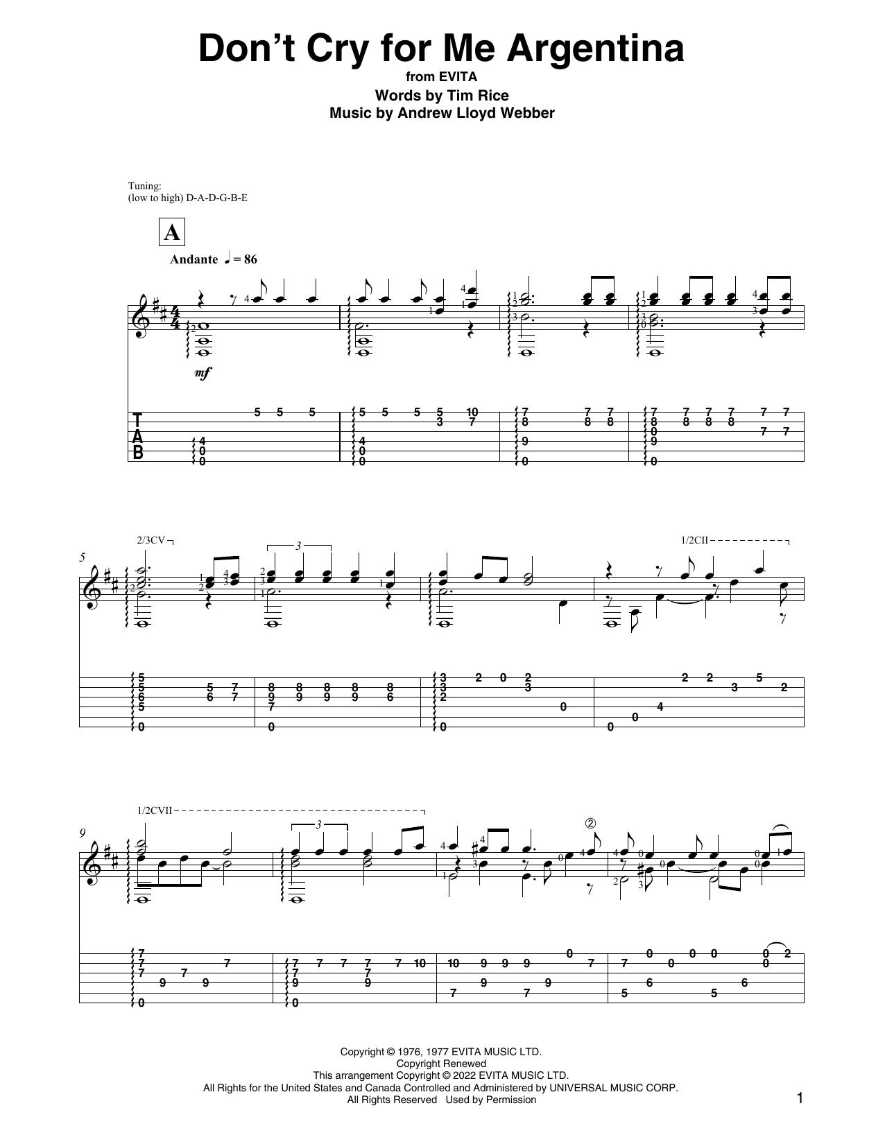 Andrew Lloyd Webber Don't Cry For Me Argentina (from Evita) (arr. David Jaggs) Sheet Music Notes & Chords for Solo Guitar - Download or Print PDF