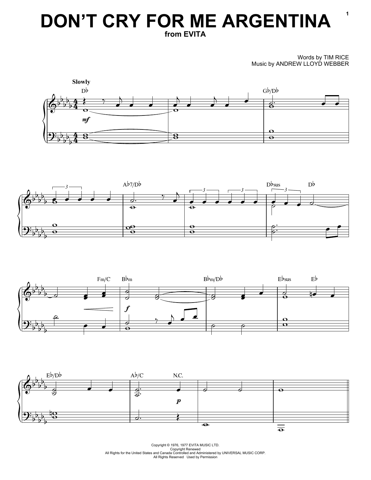 Andrew Lloyd Webber Don't Cry For Me Argentina Sheet Music Notes & Chords for Piano & Vocal - Download or Print PDF