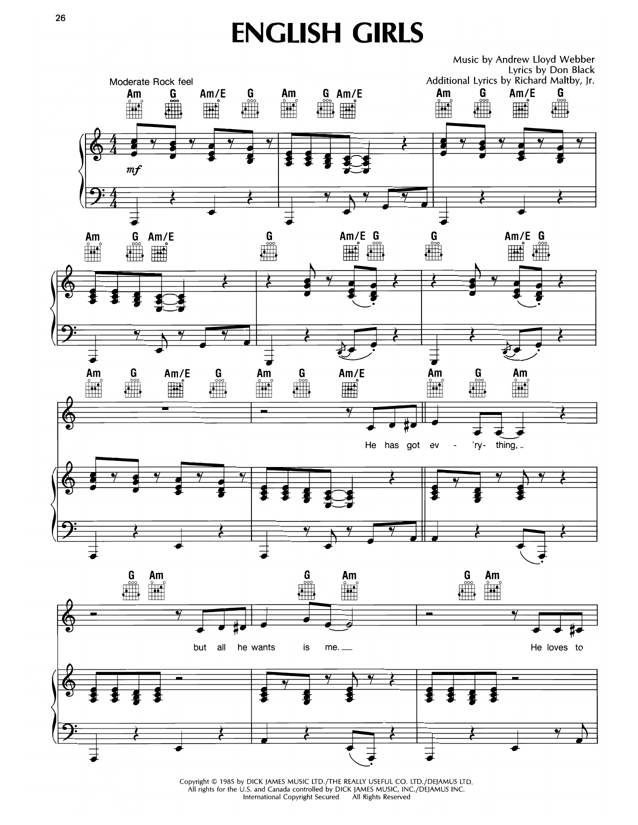 Andrew Lloyd Webber English Girls (from Song & Dance) Sheet Music Notes & Chords for Piano, Vocal & Guitar Chords (Right-Hand Melody) - Download or Print PDF
