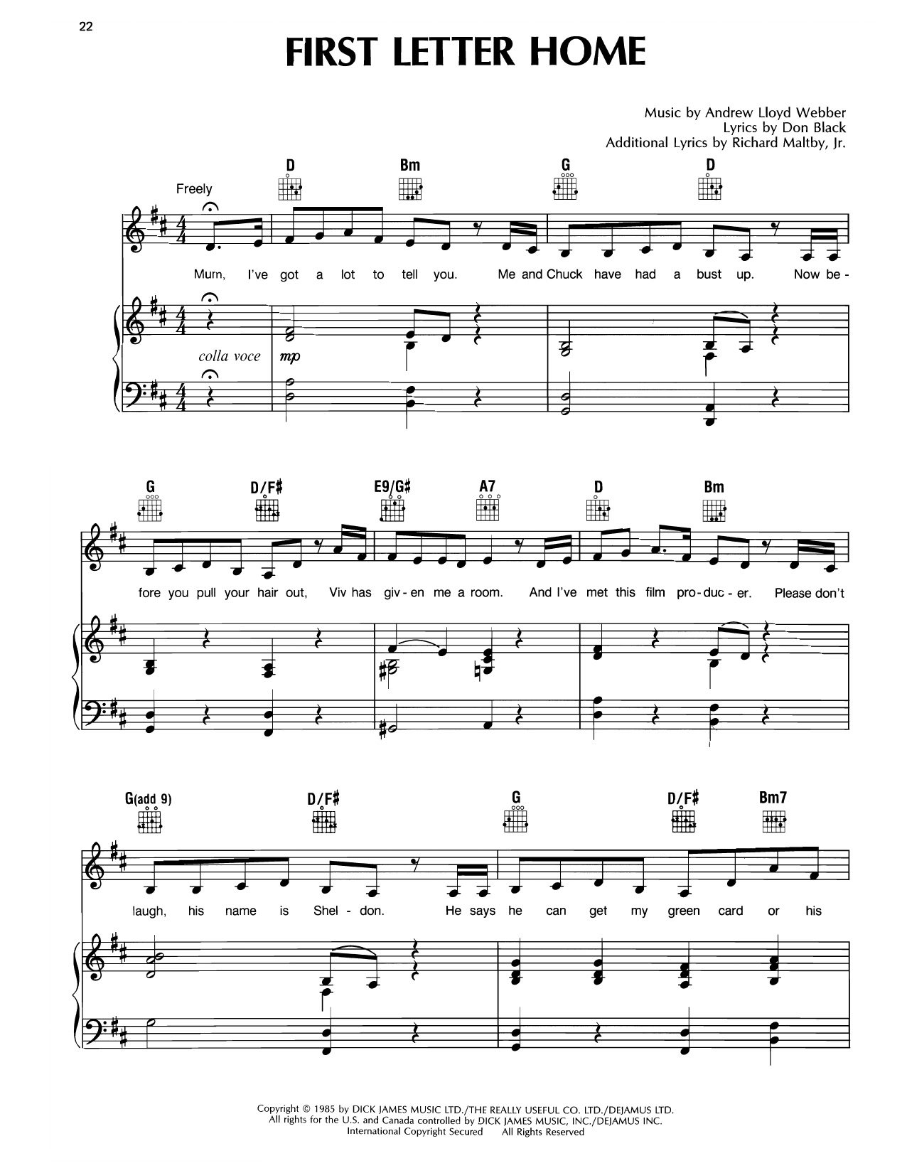 Andrew Lloyd Webber First Letter Home (from Song & Dance) Sheet Music Notes & Chords for Piano, Vocal & Guitar Chords (Right-Hand Melody) - Download or Print PDF