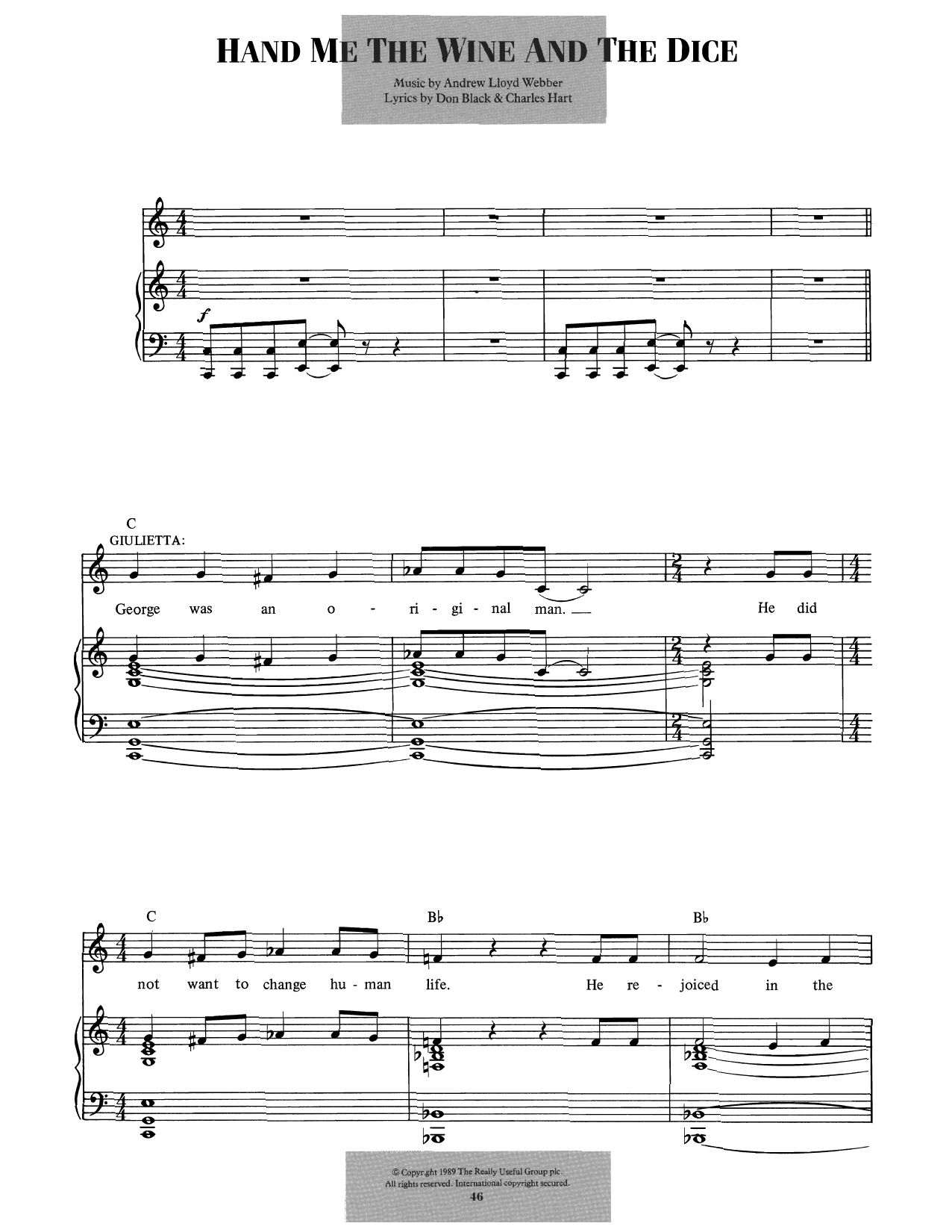 Andrew Lloyd Webber Hand Me The Wine And The Dice (from Aspects Of Love) Sheet Music Notes & Chords for Piano & Vocal - Download or Print PDF