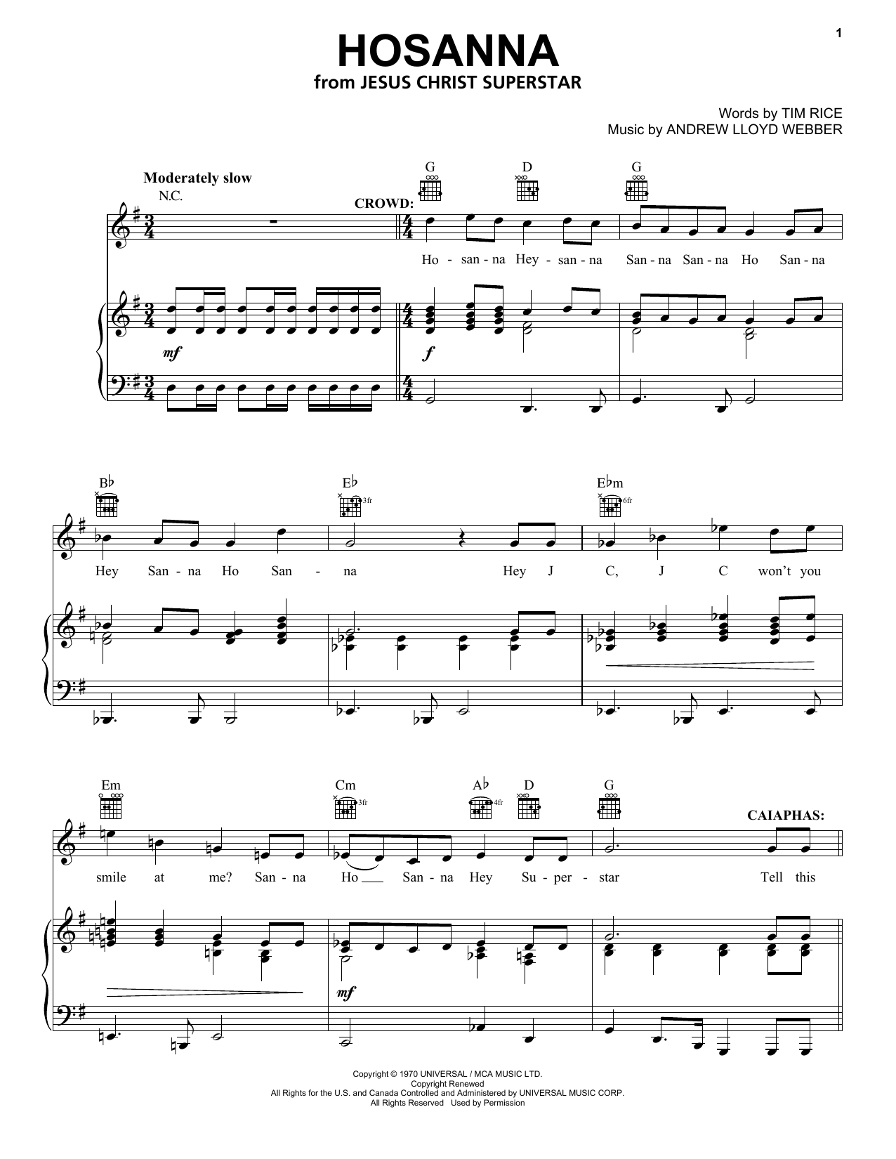 Andrew Lloyd Webber Hosanna Sheet Music Notes & Chords for Piano, Vocal & Guitar (Right-Hand Melody) - Download or Print PDF