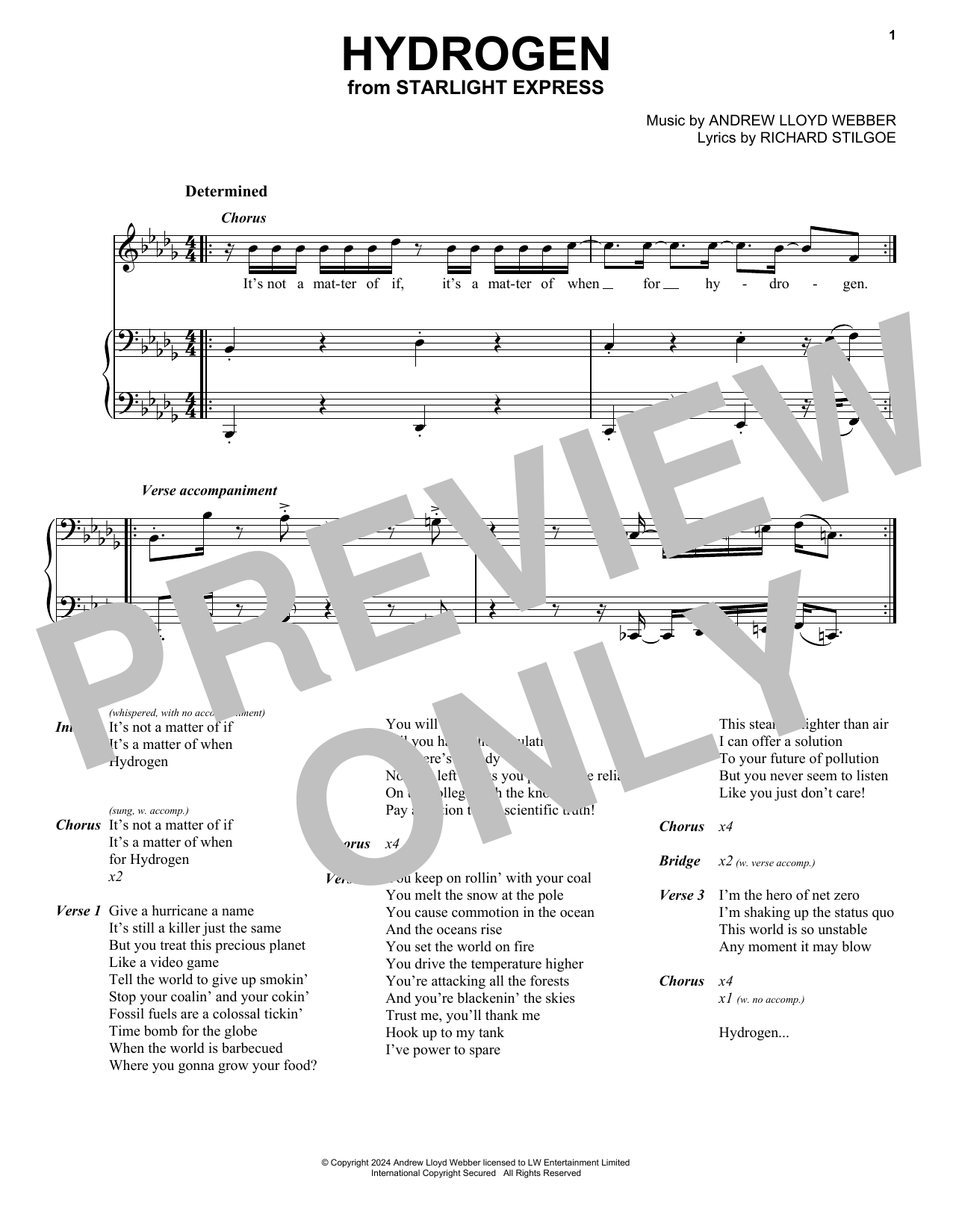 Andrew Lloyd Webber Hydrogen (from Starlight Express) Sheet Music Notes & Chords for Piano, Vocal & Guitar Chords (Right-Hand Melody) - Download or Print PDF
