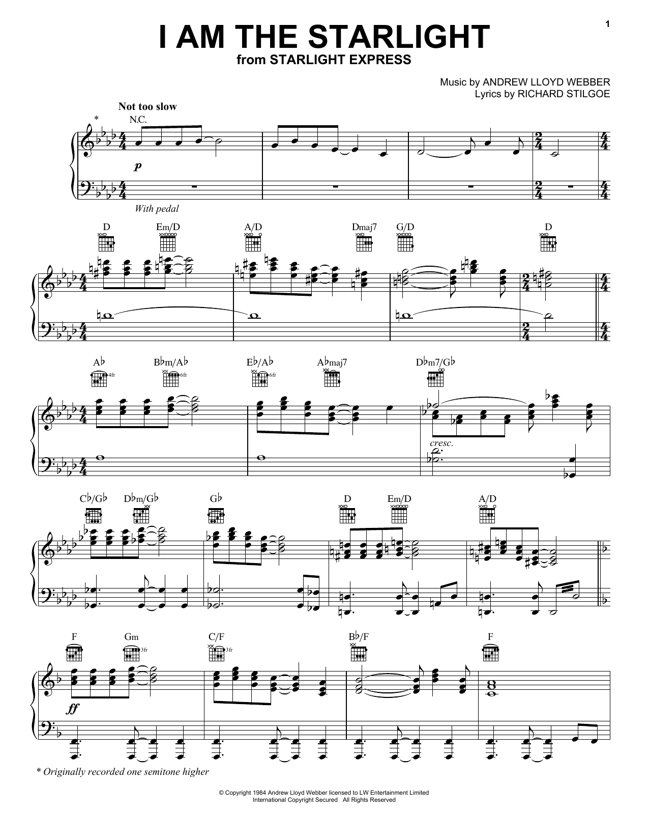 Andrew Lloyd Webber I Am The Starlight (from Starlight Express) Sheet Music Notes & Chords for Piano, Vocal & Guitar Chords (Right-Hand Melody) - Download or Print PDF