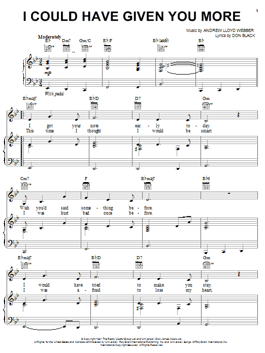 Andrew Lloyd Webber I Could Have Given You More Sheet Music Notes & Chords for Piano, Vocal & Guitar (Right-Hand Melody) - Download or Print PDF