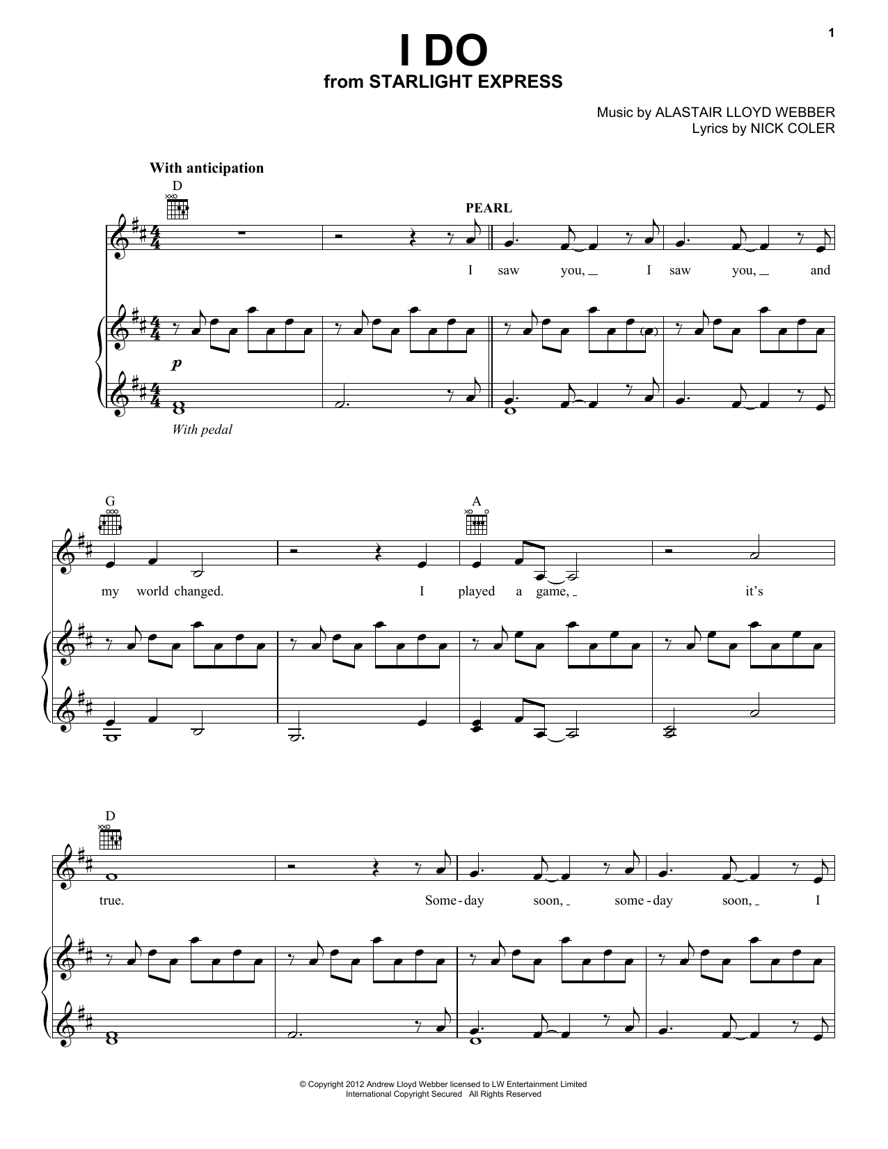 Andrew Lloyd Webber I Do (from Starlight Express) Sheet Music Notes & Chords for Piano, Vocal & Guitar Chords (Right-Hand Melody) - Download or Print PDF