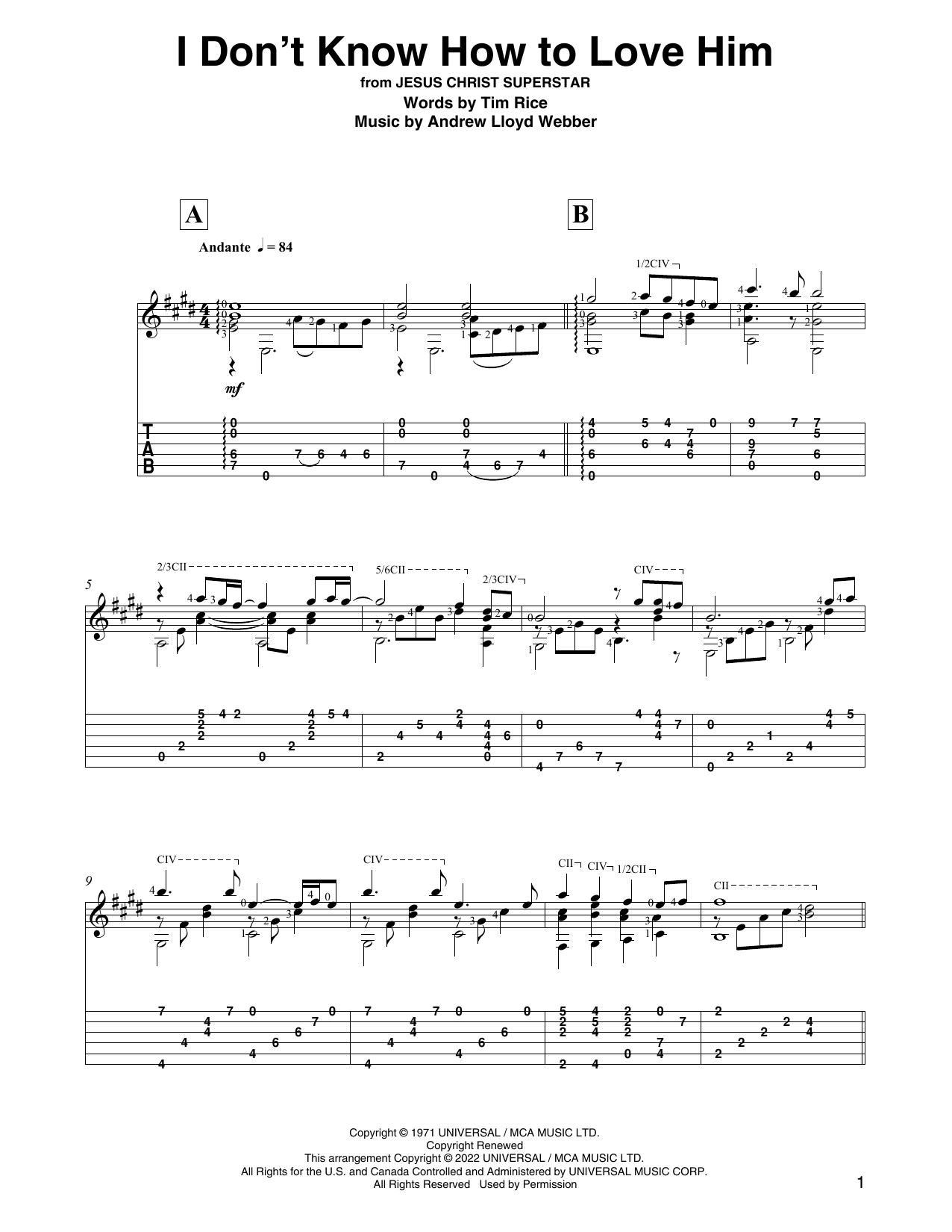 Andrew Lloyd Webber I Don't Know How To Love Him (from Jesus Christ Superstar) (arr. David Jaggs) Sheet Music Notes & Chords for Solo Guitar - Download or Print PDF