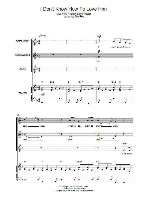 Andrew Lloyd Webber I Don't Know How To Love Him (from Jesus Christ Superstar) (arr. Jeremy Birchall) Sheet Music Notes & Chords for SSA - Download or Print PDF