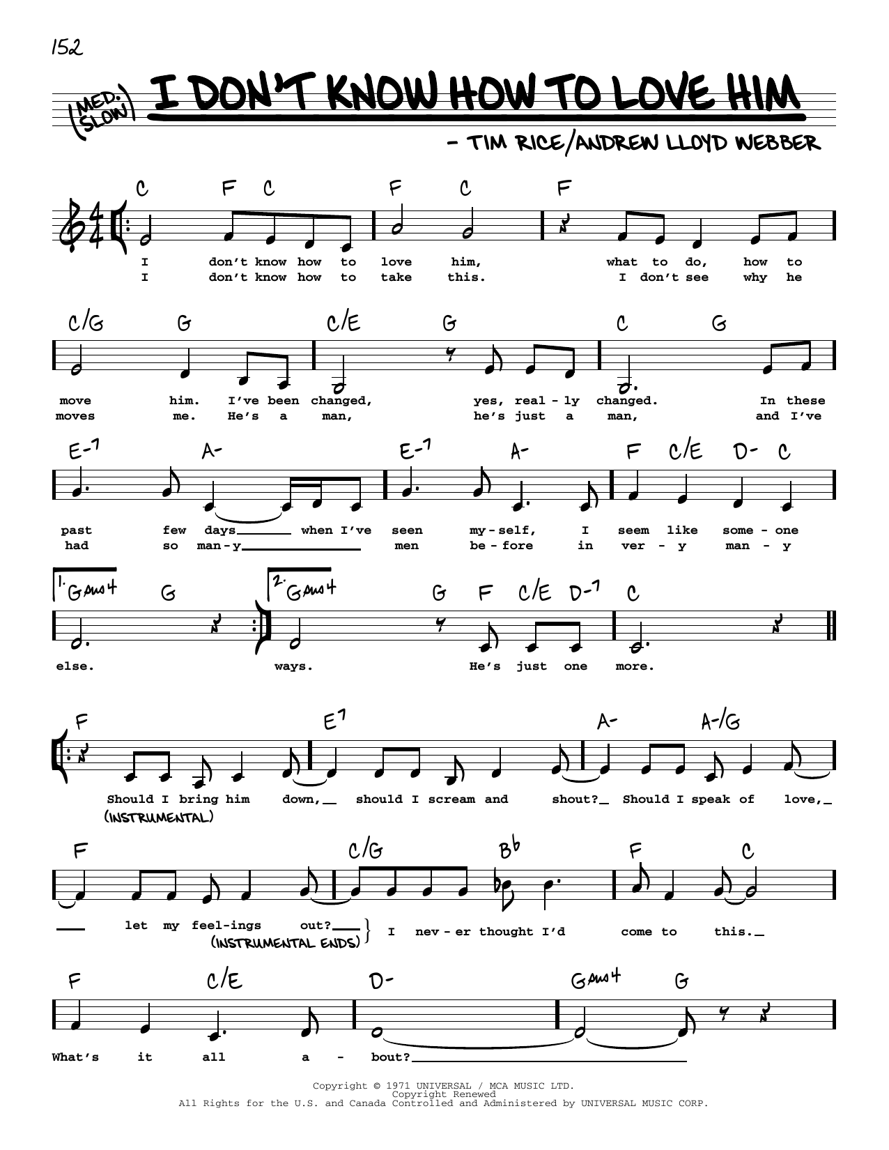 Andrew Lloyd Webber I Don't Know How To Love Him (Low Voice) (from Jesus Christ Superstar) Sheet Music Notes & Chords for Real Book – Melody, Lyrics & Chords - Download or Print PDF
