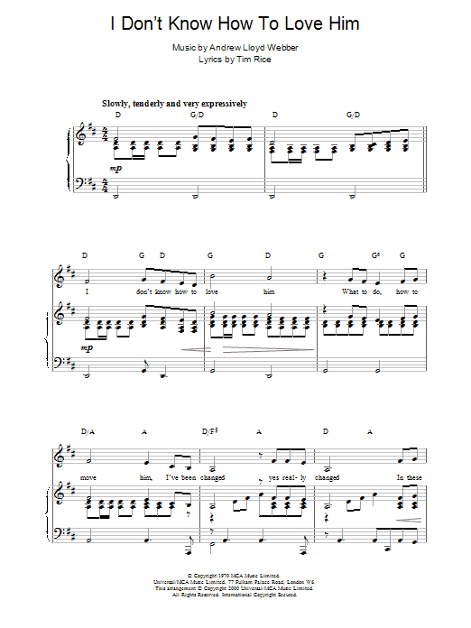 Andrew Lloyd Webber I Don't Know How To Love Him (from Jesus Christ Superstar) Sheet Music Notes & Chords for Piano, Vocal & Guitar - Download or Print PDF