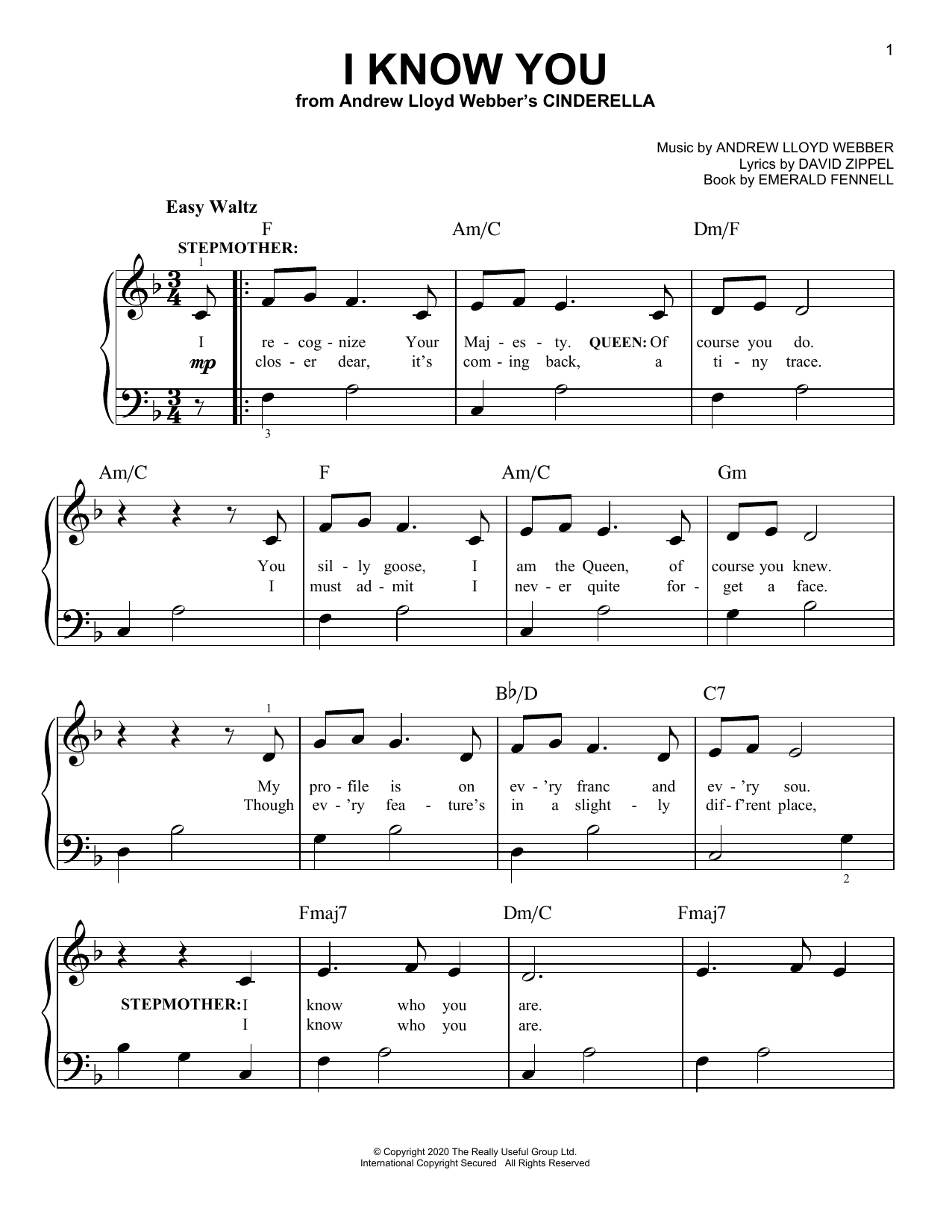 Andrew Lloyd Webber I Know You (from Andrew Lloyd Webber's Cinderella) Sheet Music Notes & Chords for Easy Piano - Download or Print PDF