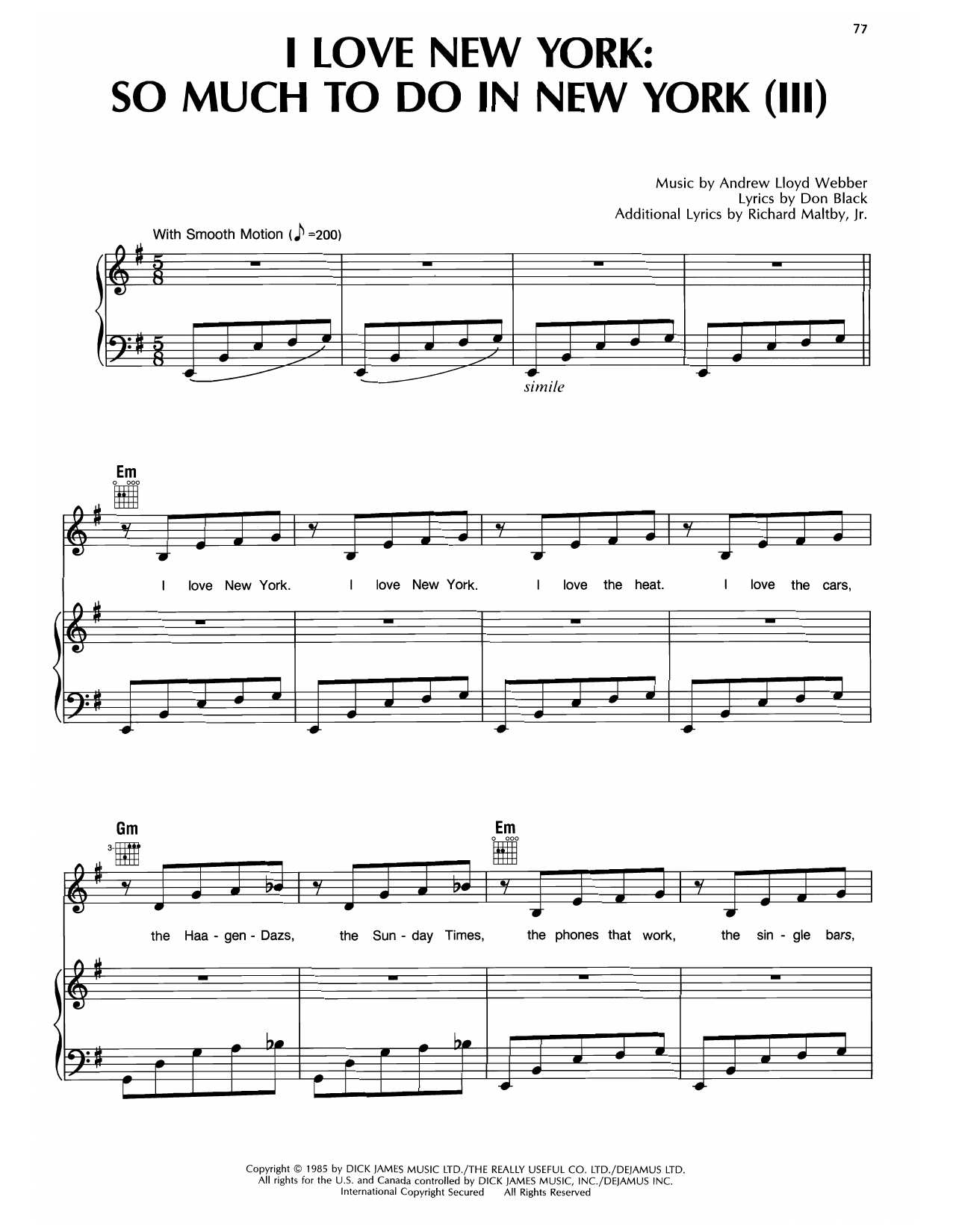 Andrew Lloyd Webber I Love New York / So Much To Do In New York (from Song & Dance) Sheet Music Notes & Chords for Piano, Vocal & Guitar Chords (Right-Hand Melody) - Download or Print PDF