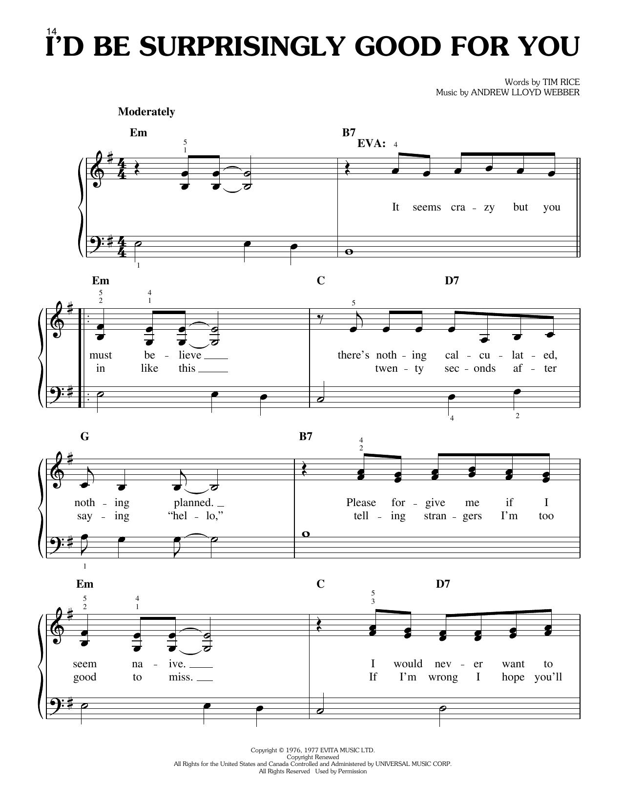 Andrew Lloyd Webber I'd Be Surprisingly Good For You (from Evita) Sheet Music Notes & Chords for Easy Piano - Download or Print PDF