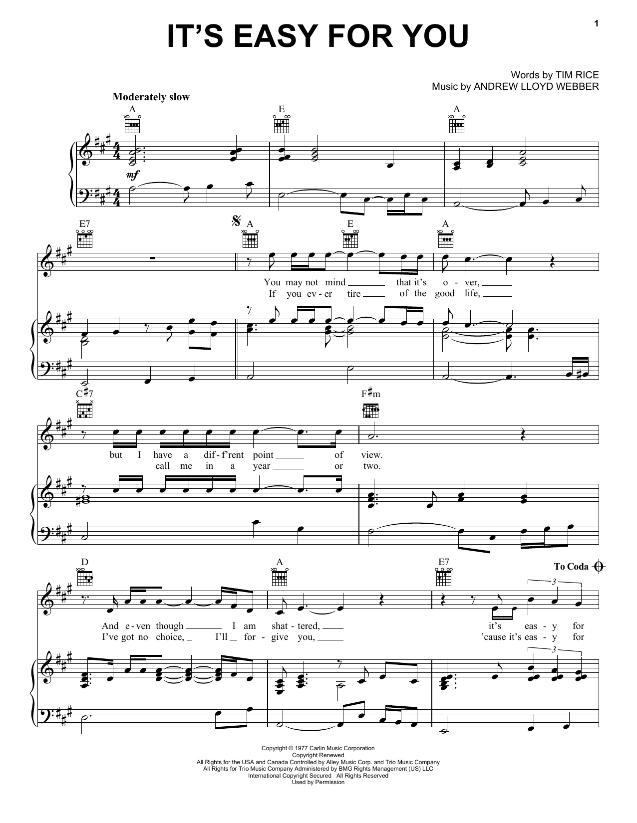 Andrew Lloyd Webber It's Easy For You Sheet Music Notes & Chords for Piano, Vocal & Guitar (Right-Hand Melody) - Download or Print PDF