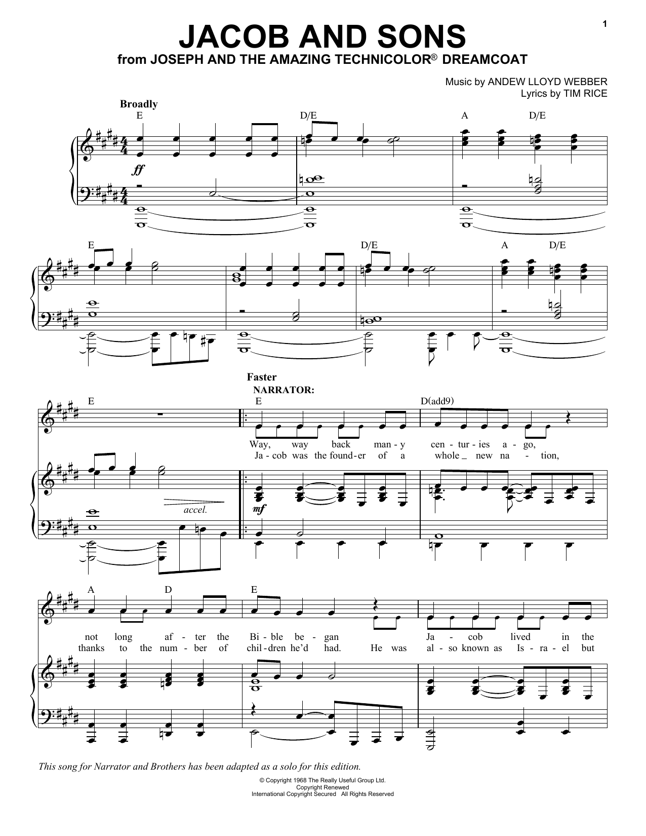 Andrew Lloyd Webber Jacob And Sons Sheet Music Notes & Chords for Piano, Vocal & Guitar (Right-Hand Melody) - Download or Print PDF