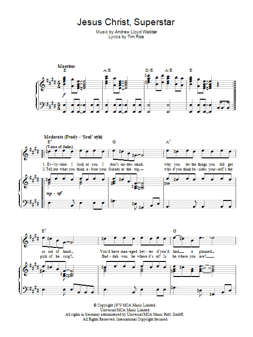 Andrew Lloyd Webber Jesus Christ, Superstar Sheet Music Notes & Chords for Piano Chords/Lyrics - Download or Print PDF