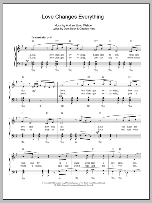 Andrew Lloyd Webber Love Changes Everything Sheet Music Notes & Chords for Piano & Vocal - Download or Print PDF