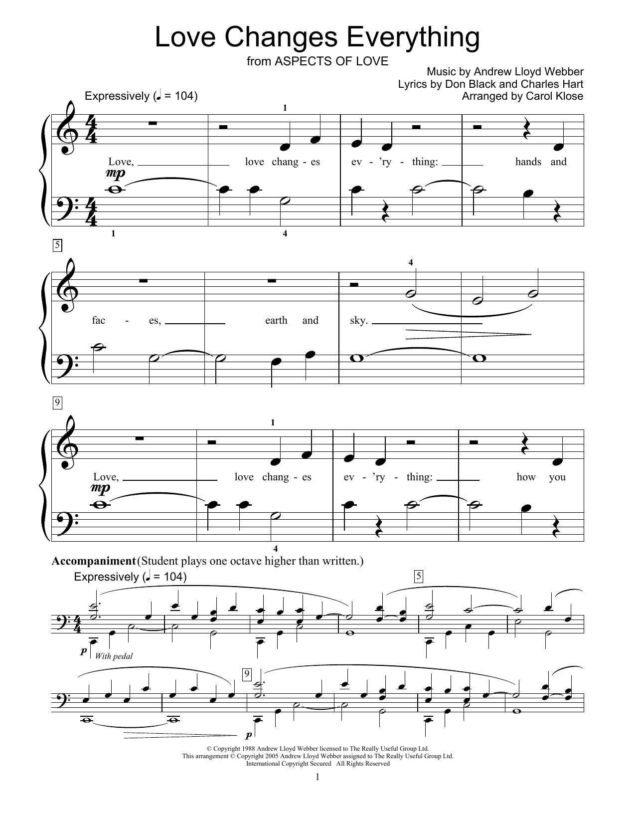 Andrew Lloyd Webber Love Changes Everything Sheet Music Notes & Chords for Educational Piano - Download or Print PDF