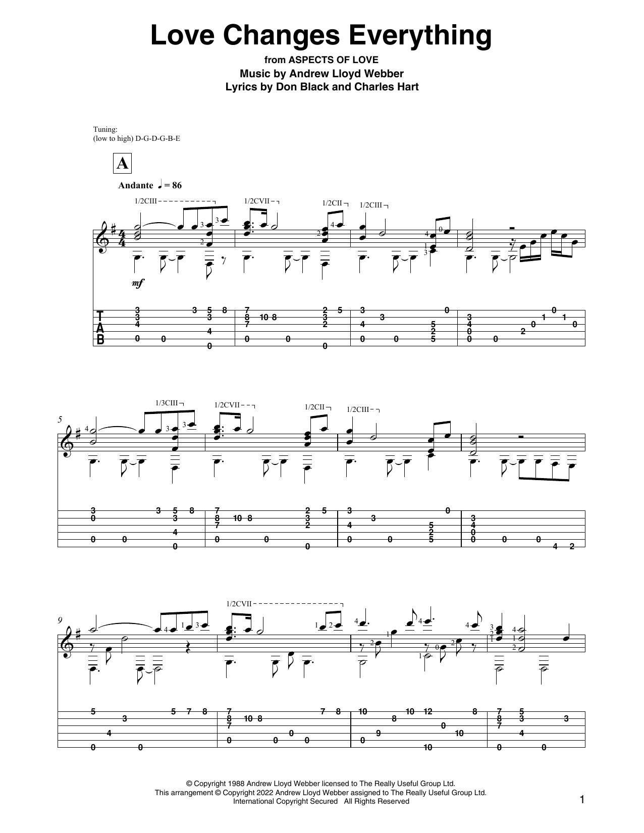 Andrew Lloyd Webber Love Changes Everything (from Aspects Of Love) (arr. David Jaggs) Sheet Music Notes & Chords for Solo Guitar - Download or Print PDF