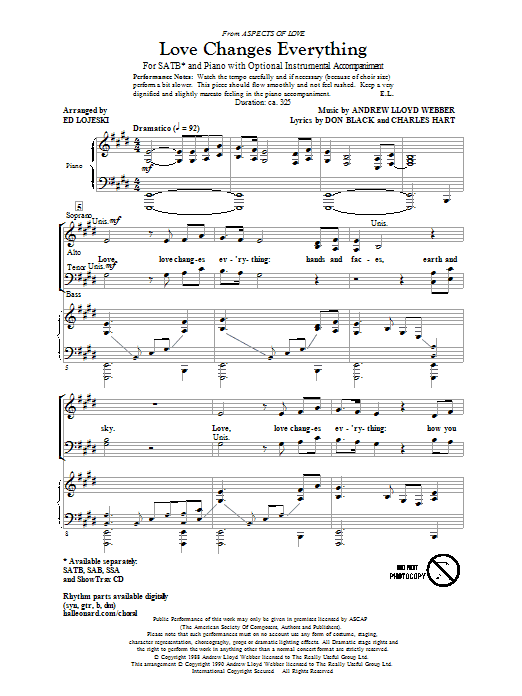 Andrew Lloyd Webber Love Changes Everything (from Aspects Of Love) (arr. Ed Lojeski) Sheet Music Notes & Chords for SSA - Download or Print PDF