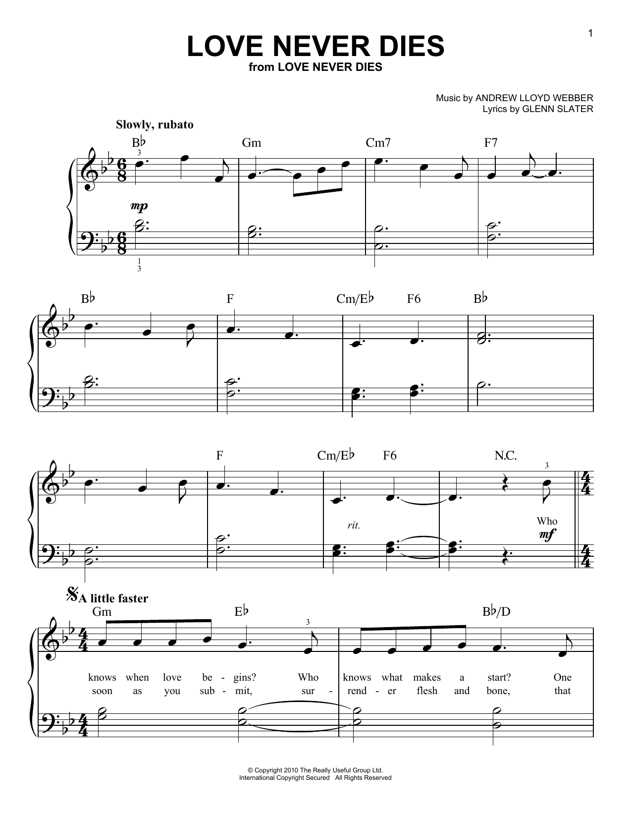 Andrew Lloyd Webber Love Never Dies (from Love Never Dies) Sheet Music Notes & Chords for Very Easy Piano - Download or Print PDF