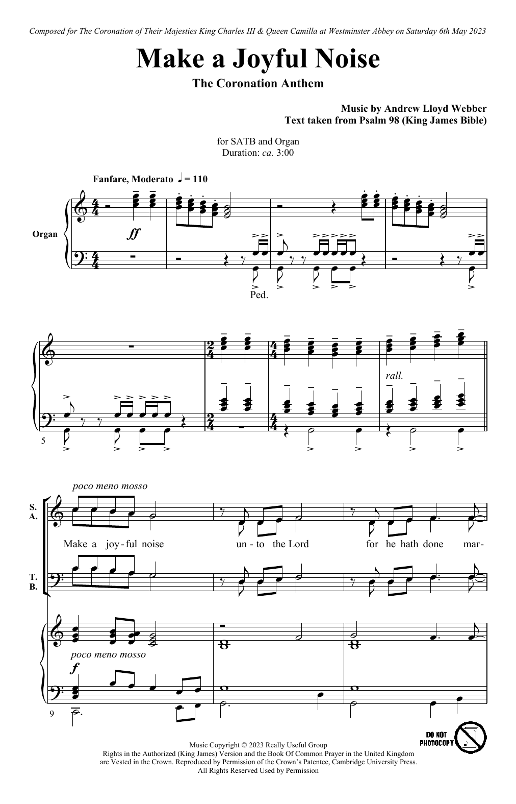 Andrew Lloyd Webber Make A Joyful Noise - The Coronation Anthem (for SATB and Organ) Sheet Music Notes & Chords for SATB Choir - Download or Print PDF Andrew Lloyd Webber Make A Joyful Noise - The Coronation Anthem (for SATB and Organ) Sheet Music Notes & Chords for SATB Choir - Download or Print PDF