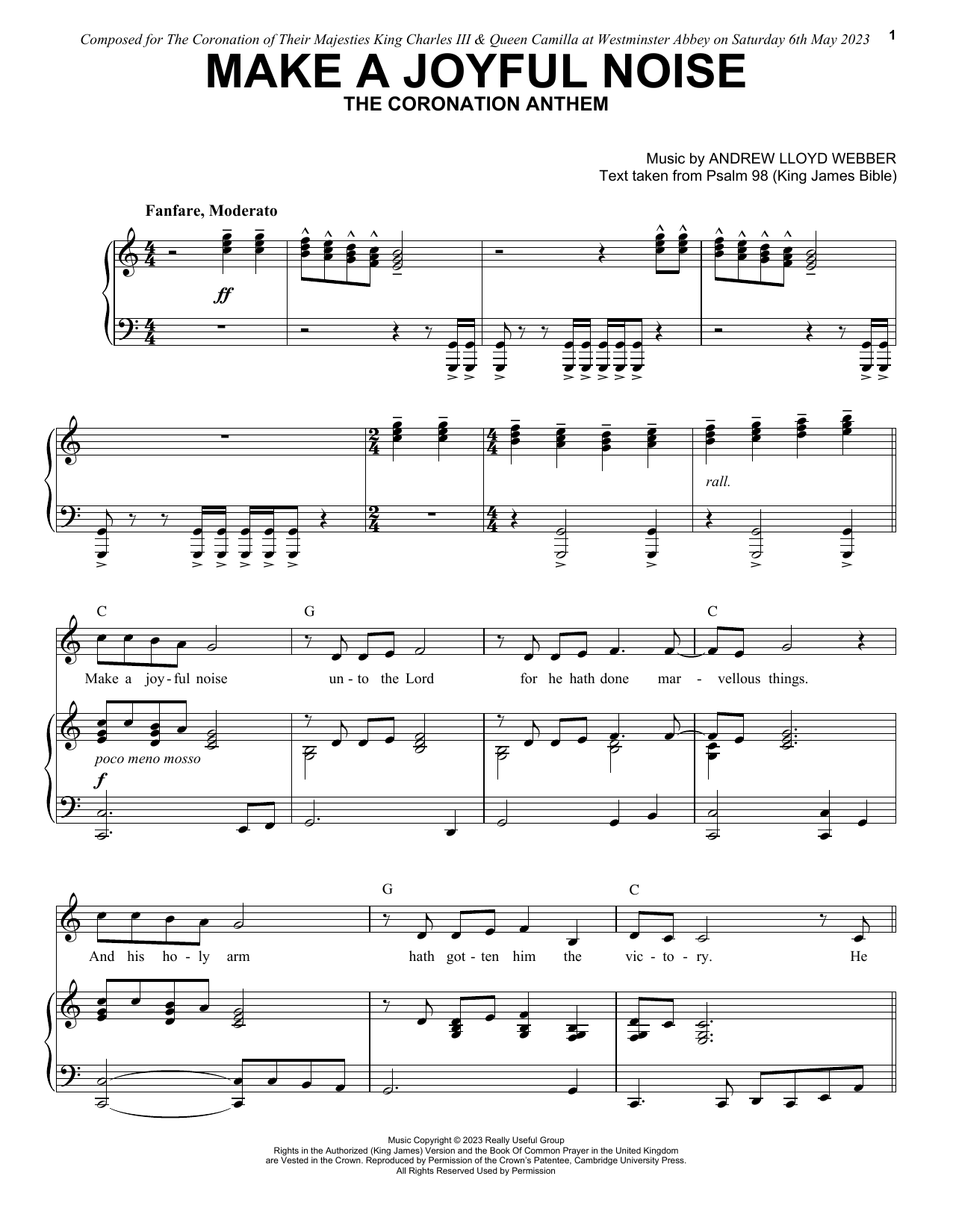 Andrew Lloyd Webber Make A Joyful Noise - The Coronation Anthem (for Unison Voices and Piano) Sheet Music Notes & Chords for Unison Choir - Download or Print PDF