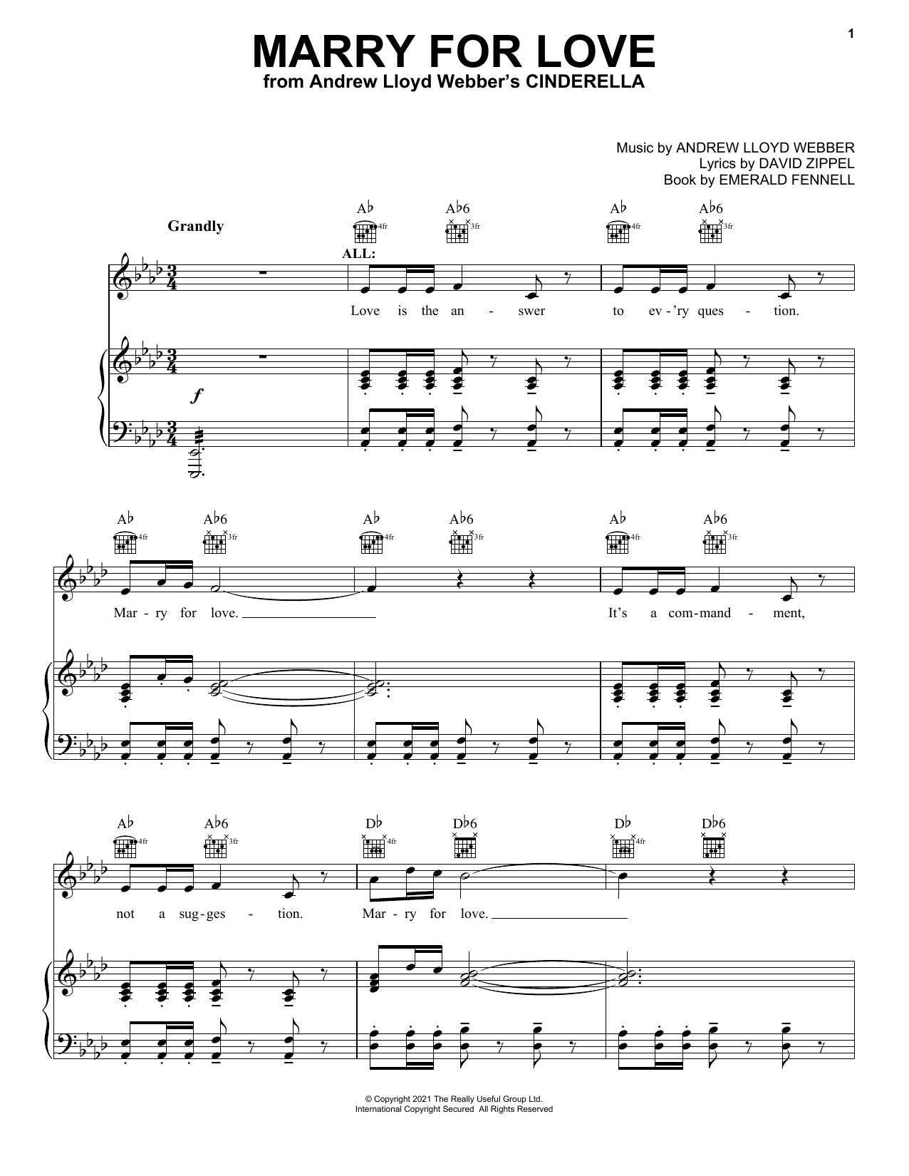 Andrew Lloyd Webber Marry For Love (from Andrew Lloyd Webber's Cinderella) Sheet Music Notes & Chords for Piano, Vocal & Guitar (Right-Hand Melody) - Download or Print PDF