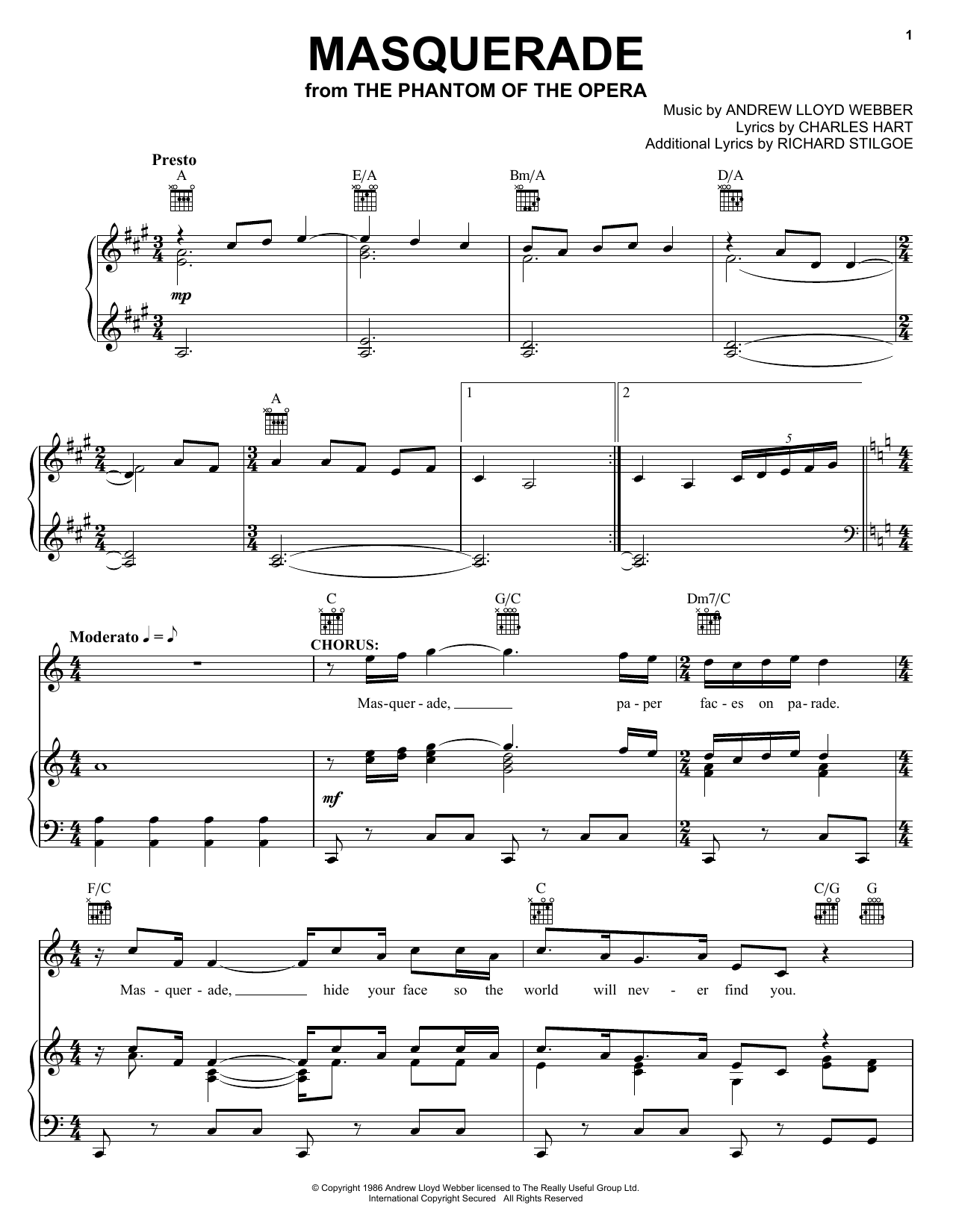 Andrew Lloyd Webber Masquerade (from The Phantom Of The Opera) Sheet Music Notes & Chords for Piano (Big Notes) - Download or Print PDF
