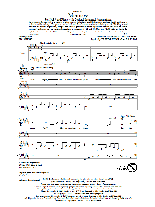 Andrew Lloyd Webber Memory (from Cats) (arr. Ed Lojeski) Sheet Music Notes & Chords for SATB - Download or Print PDF