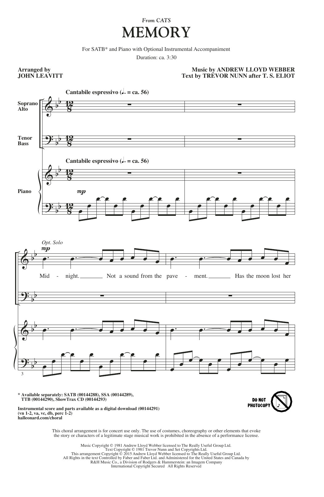 Andrew Lloyd Webber Memory (from Cats) (arr. John Leavitt) Sheet Music Notes & Chords for TTBB - Download or Print PDF