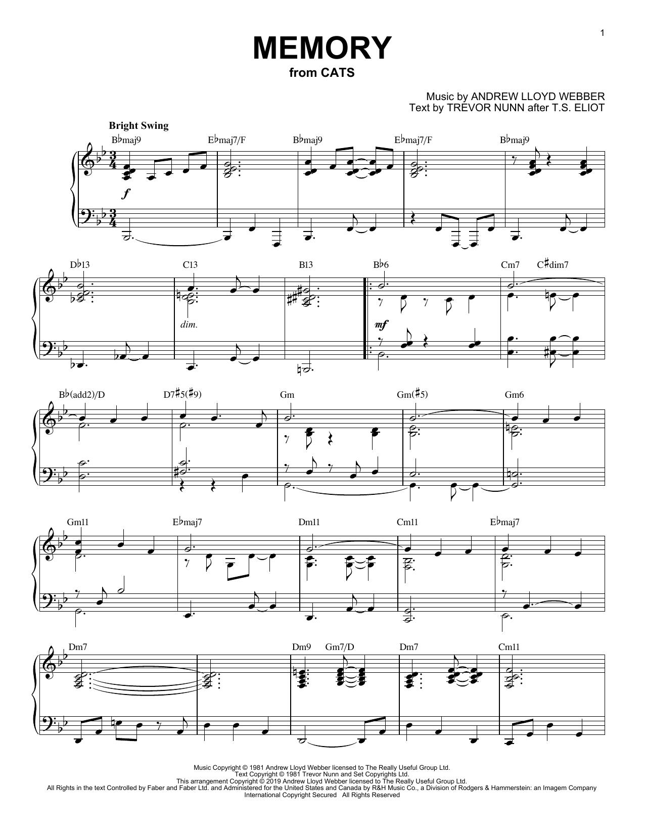 Andrew Lloyd Webber Memory [Jazz version] (from Cats) Sheet Music Notes & Chords for Piano Solo - Download or Print PDF