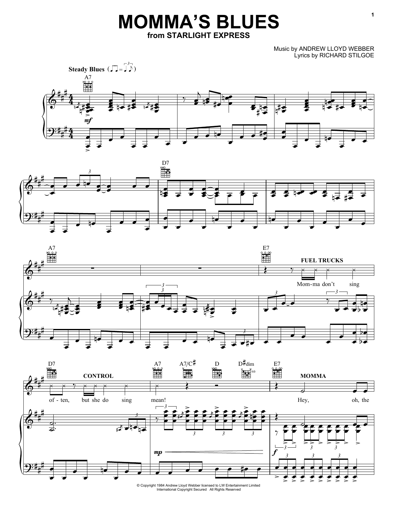 Andrew Lloyd Webber Momma's Blues (from Starlight Express) Sheet Music Notes & Chords for Piano, Vocal & Guitar Chords (Right-Hand Melody) - Download or Print PDF