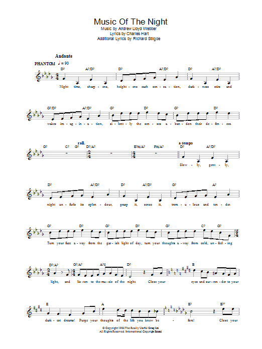 Andrew Lloyd Webber Music Of The Night Sheet Music Notes & Chords for Melody Line, Lyrics & Chords - Download or Print PDF