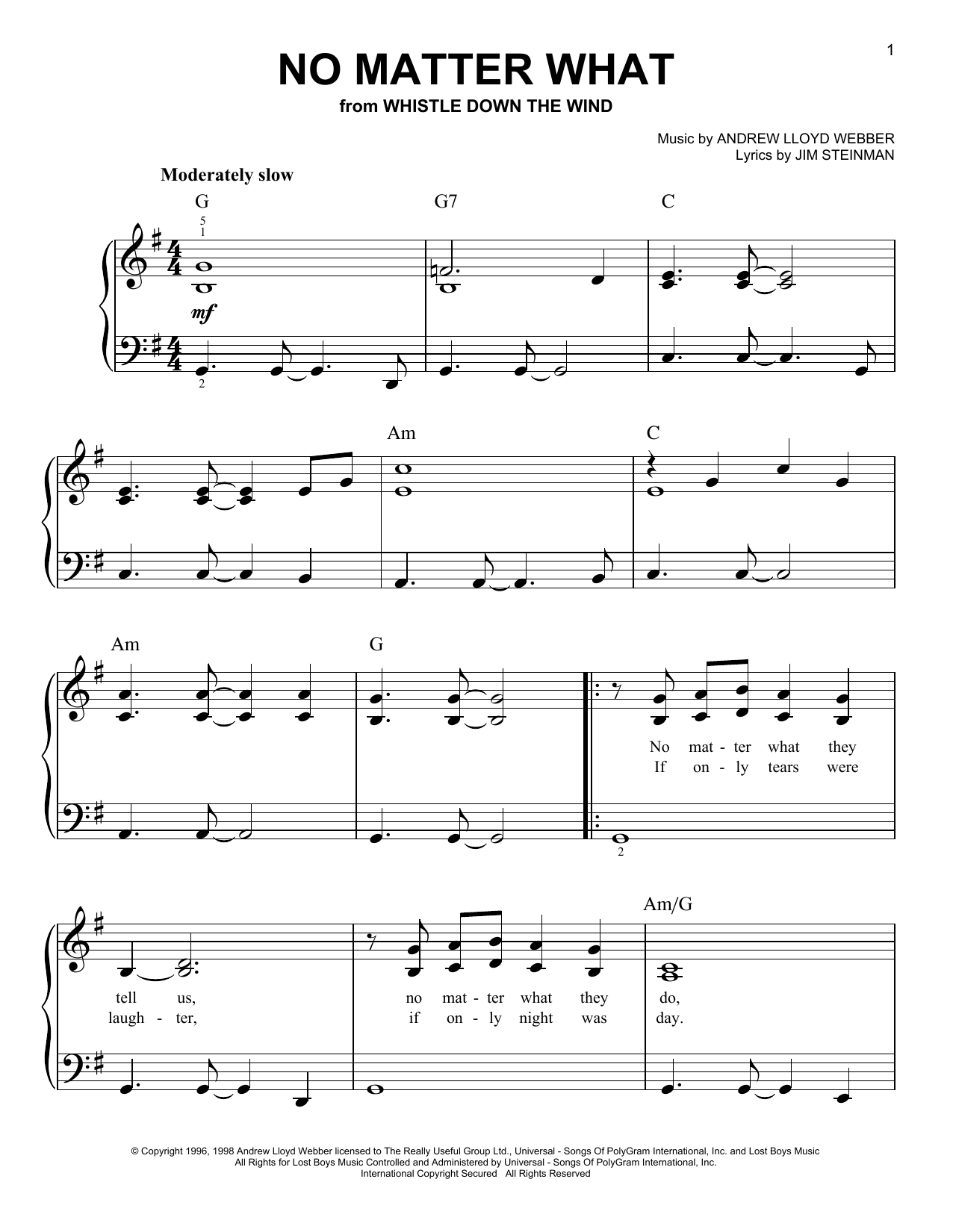 Andrew Lloyd Webber No Matter What (from Whistle Down the Wind) Sheet Music Notes & Chords for Clarinet - Download or Print PDF